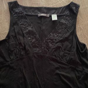 Womens cotton tank with beading embellishments  on neck.